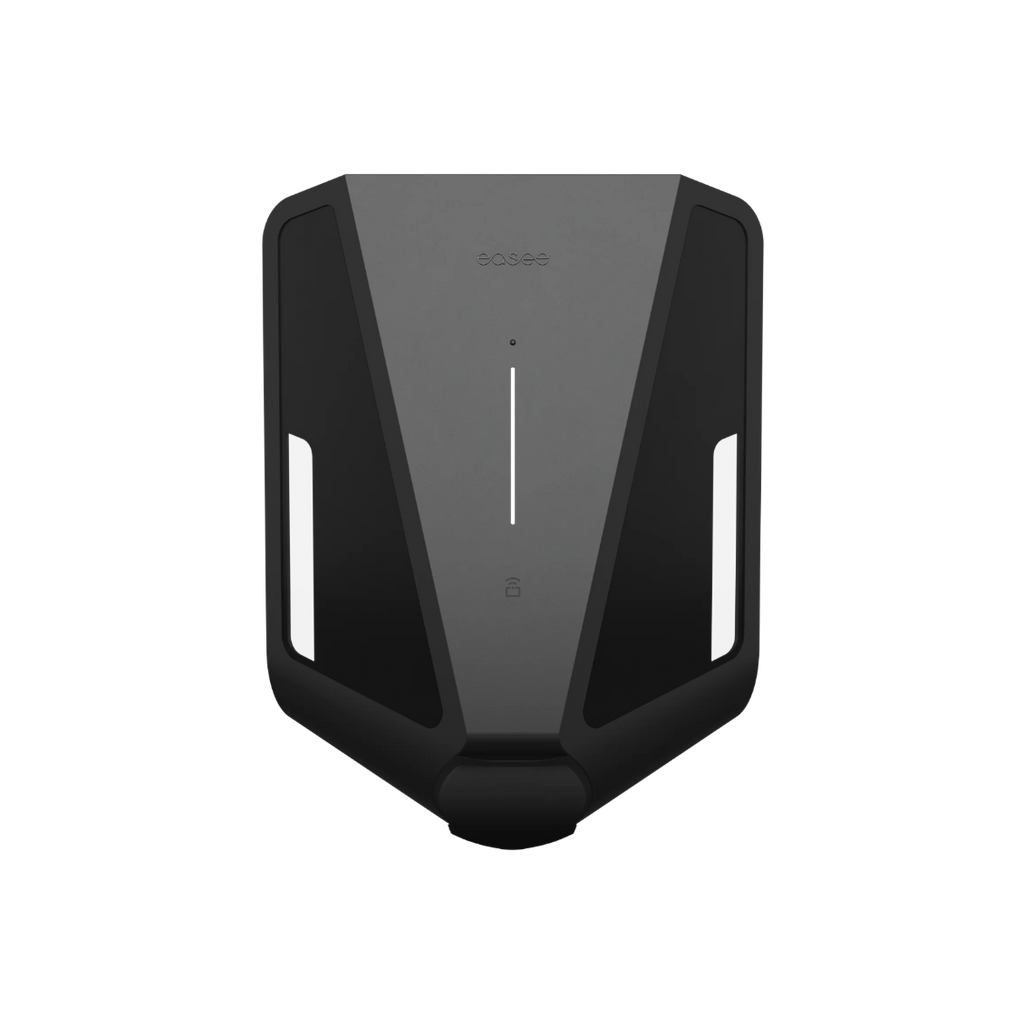Easee Charge Max commercial EV charger front view in black with branded easee logo, vertical LED strip and white side accent lights