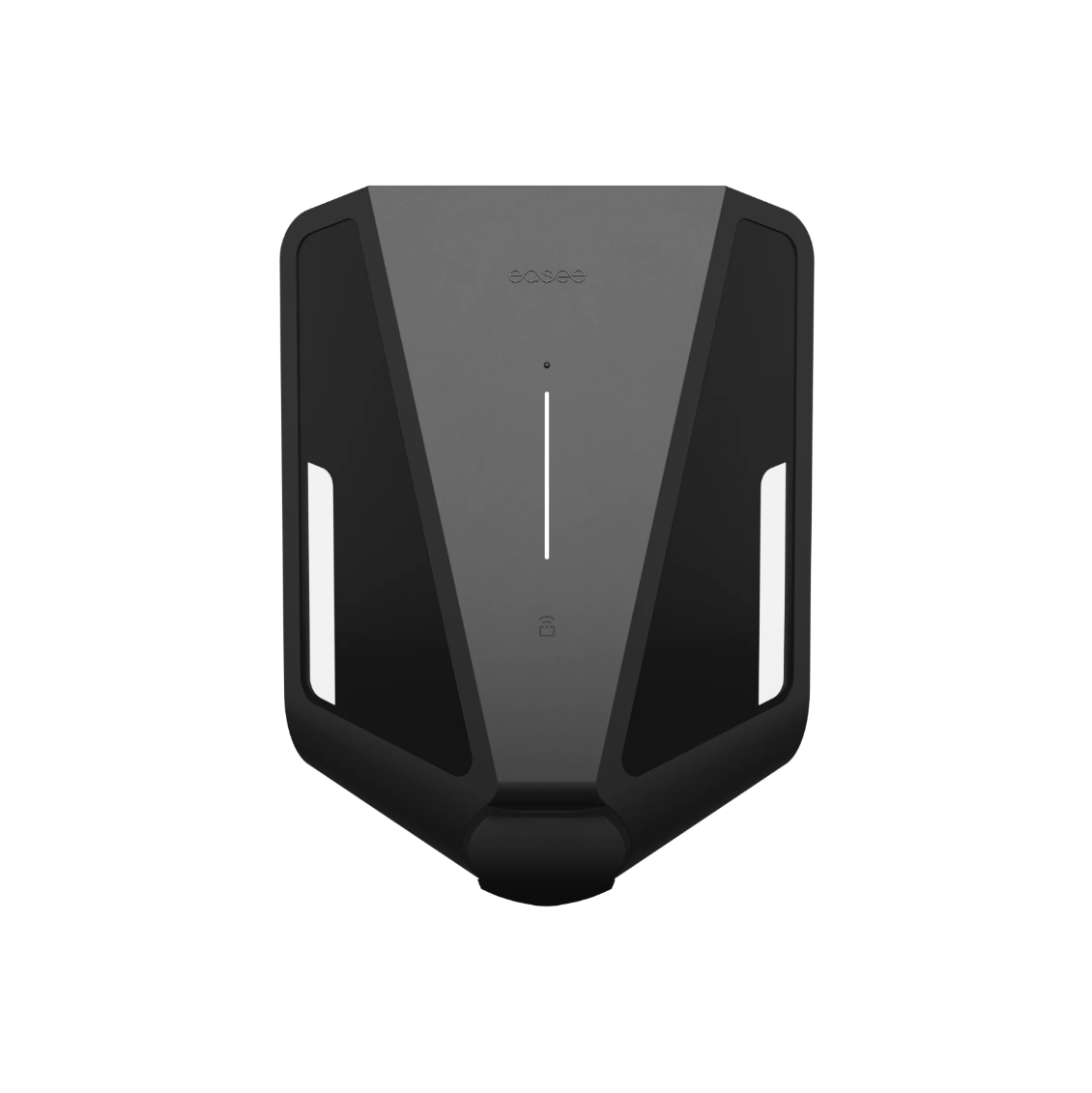 Easee Charge Max commercial EV charger front view in black with branded easee logo, vertical LED strip and white side accent lights