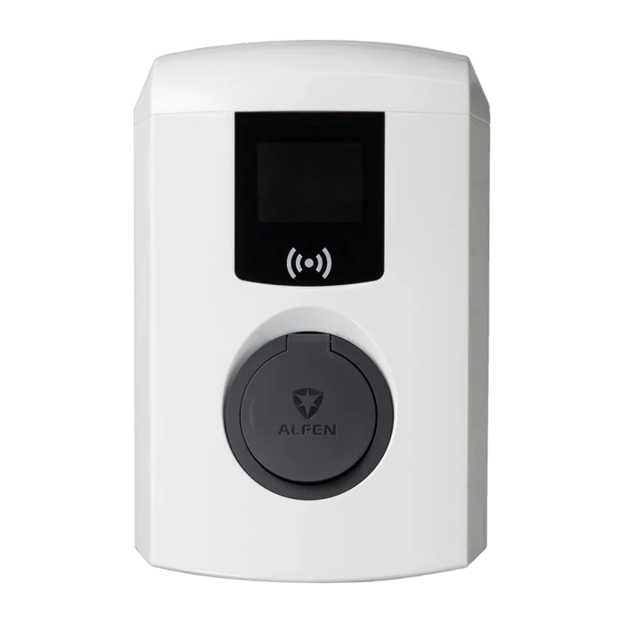 Alfen Eve Single Pro Line 22kW 3-phase EV charger in white with OLED display window, RFID logo and grey Type 2 socket cover branded ALFEN