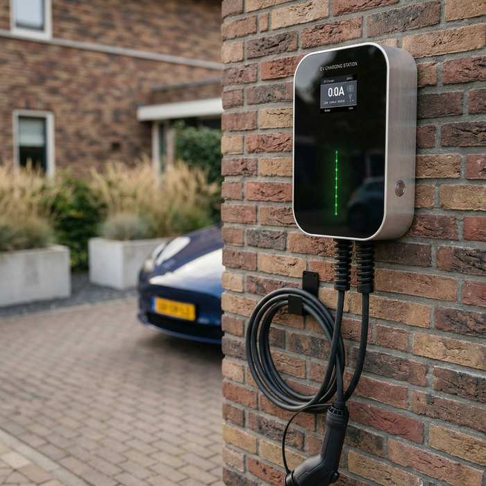 Besen 22kW EV charger wall-mounted on brick house with electric car in driveway - buy home EV charging station