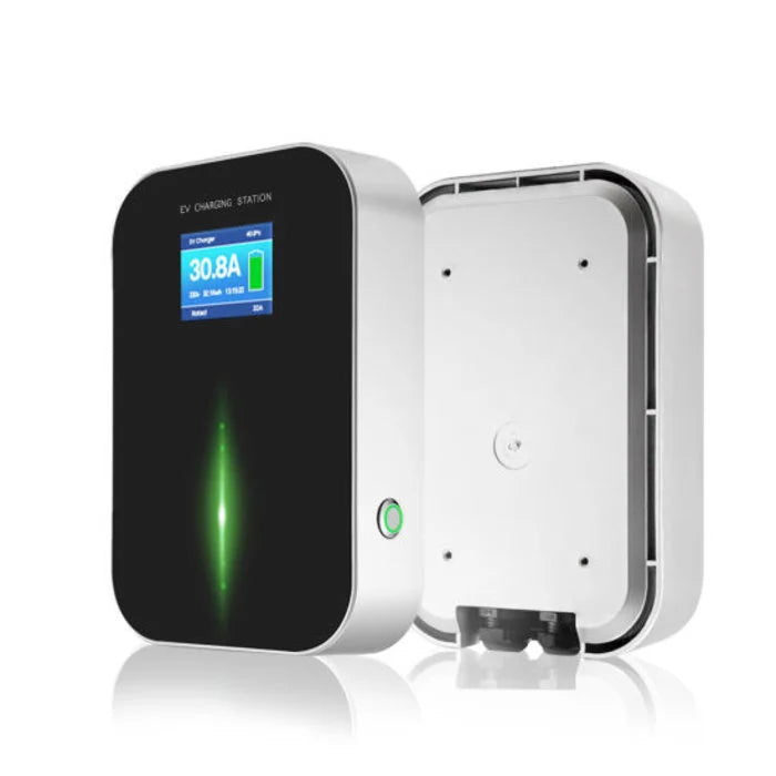 Besen 22kW EV charger front and back view with LED display and wall mounting plate - buy home charging station
