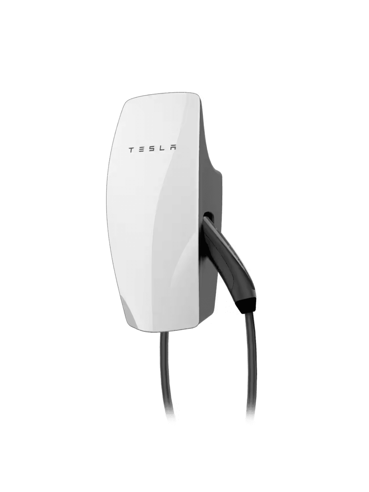 Tesla Wall Connector Gen 3 home EV charger in white, three-quarter view with embossed TESLA wordmark and short black tethered cable section visible