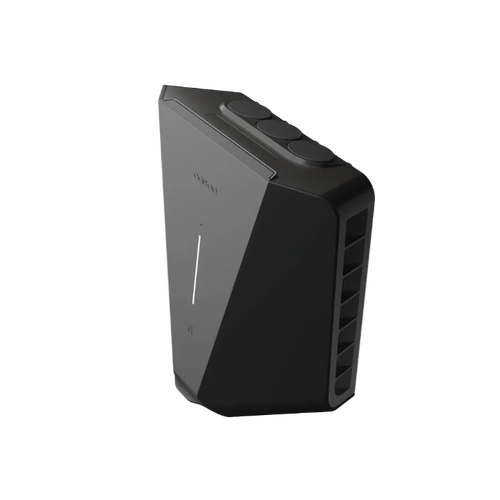Easee Charge Core 22kW EV charger three-quarter angled view in black, side ventilation slats and three round cable entry caps on top