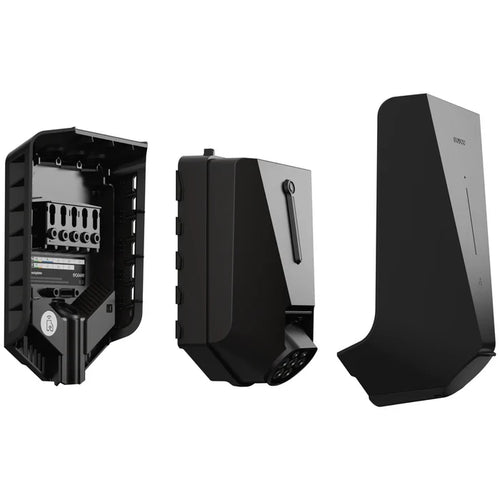 Easee Charge Core 22kW EV charger exploded product shot showing open chassis with internals, midway assembly and finished outer shell
