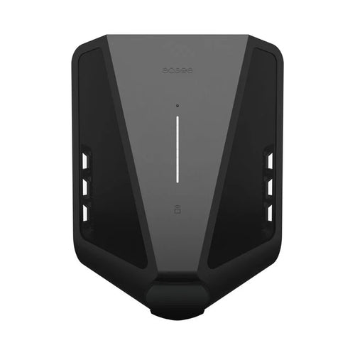Easee Charge Max 22kW commercial 3-phase MID-metered EV charger in black, front view with easee logo, vertical LED strip and Type 2 socket at base