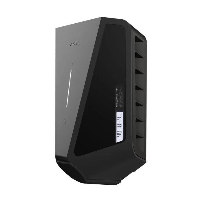 Easee Charge Max 22kW EV charger side view in black showing integrated MID-certified static meter with kWh LCD readout and ventilation slats