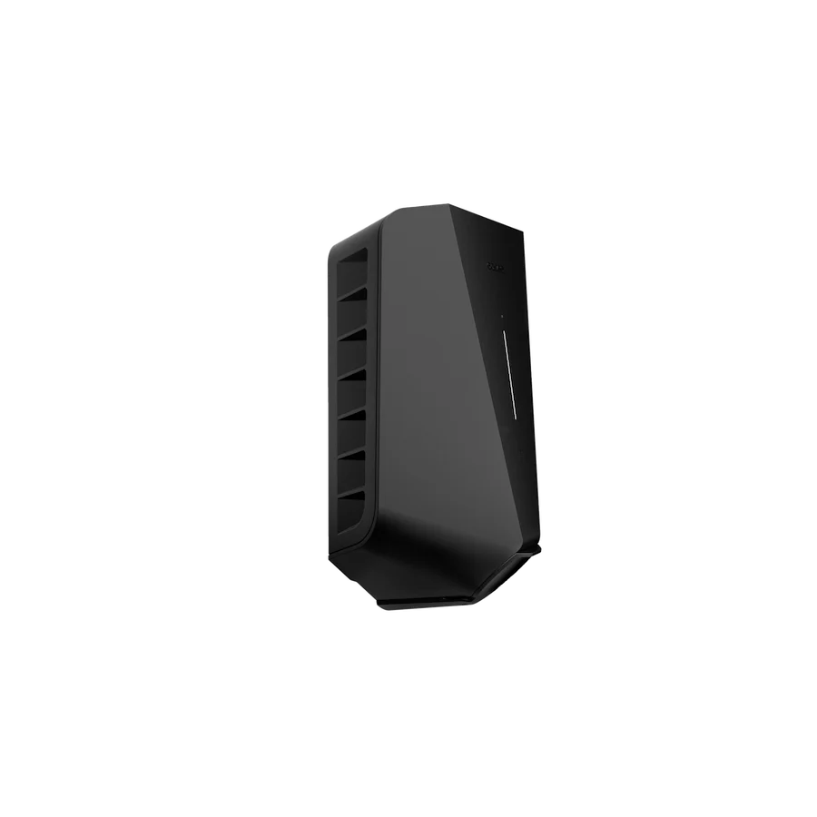 Easee One EV charger in matte black, three-quarter side view showing angular wedge form and side ventilation slots