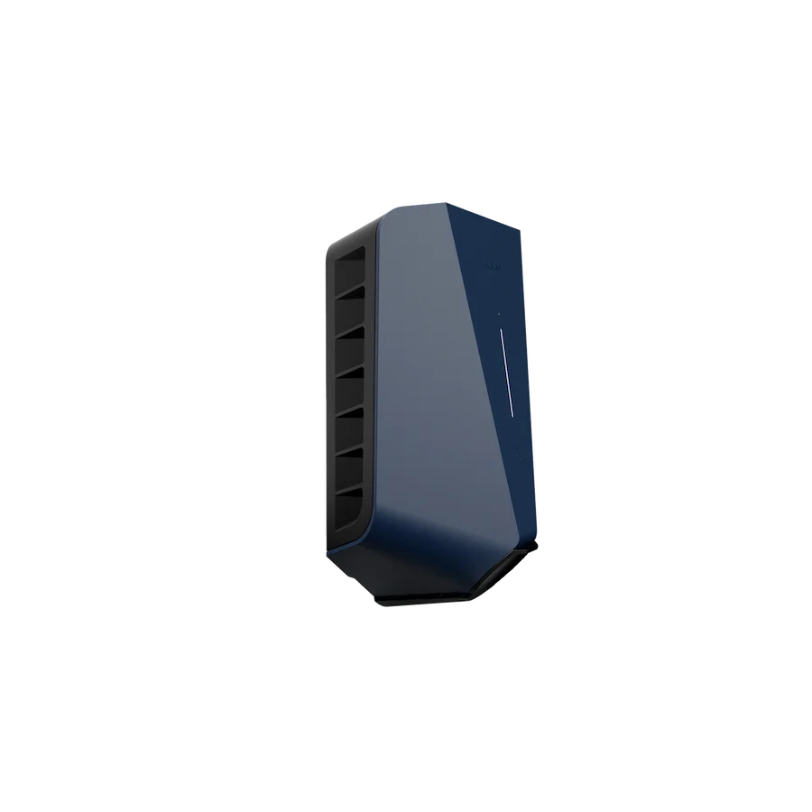 Easee One EV charger in dark blue, three-quarter side view showing angular wedge body and ventilation slots on left panel