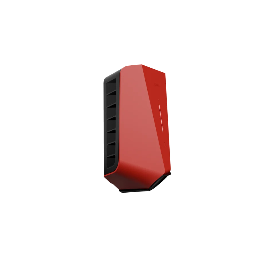 Easee One EV charger in red, three-quarter side view with glossy finish, wedge body and black ventilation slots on side