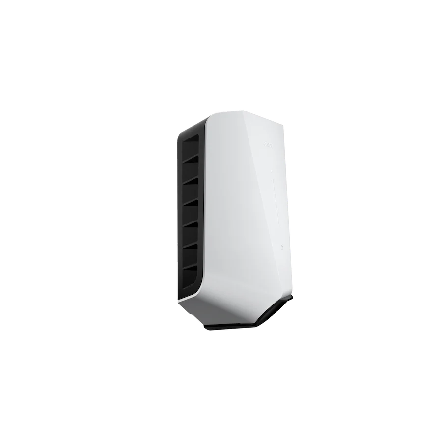 Easee One EV charger in white, three-quarter side view showing wedge body and black ventilation slots on left side panel