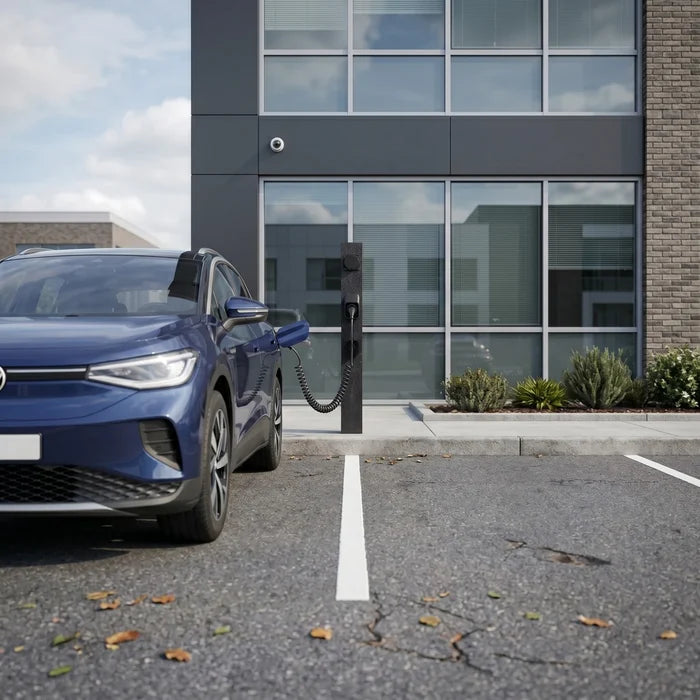 Loady Pillar 22kW EV charger charging electric car in office car park - buy commercial Type 2 EV charging point