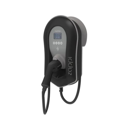 myenergi Zappi V2.1 22kW 3-phase 32A EV charger angled view with coiled cable - buy Type 2 home charging point