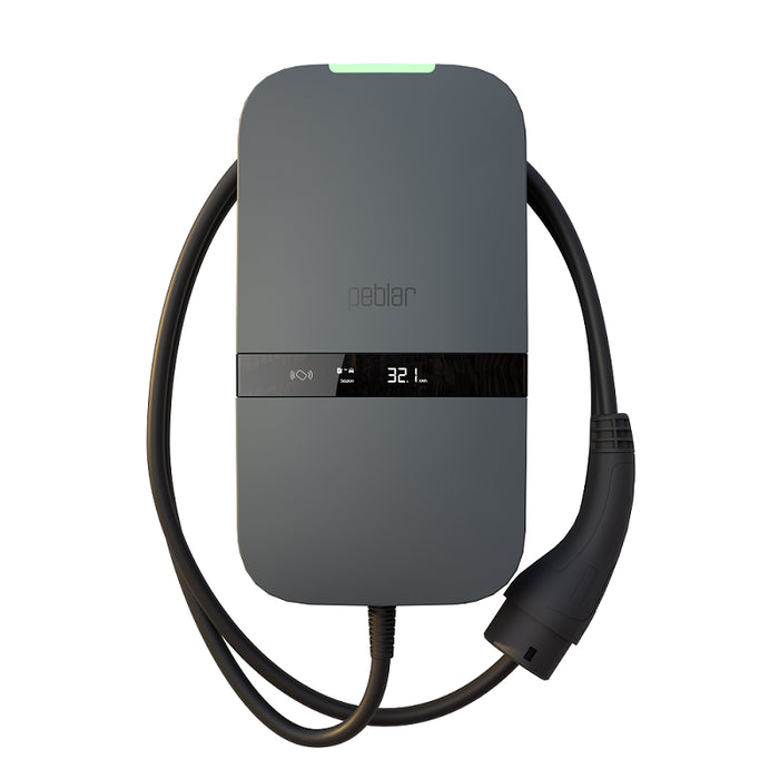 Peblar Home 11kW Type 2 EV charger in grey with tethered cable looped over body, green status LED at top corner and digital readout display