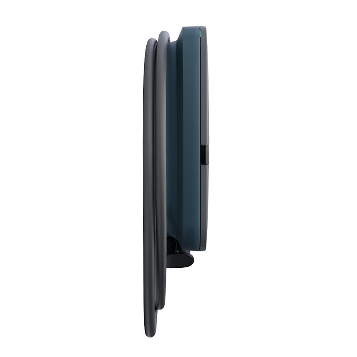 Peblar Home 11kW EV charger 90-degree side profile in dark grey showing slim flat build, tethered cable loop and green LED top accent