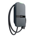 Peblar Home 11kW EV charger three-quarter angled view in grey with tethered Type 2 cable looped, digital display and green LED status indicator