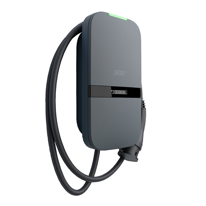 Peblar Home 11kW EV charger three-quarter angled view in grey with tethered Type 2 cable looped, digital display and green LED status indicator