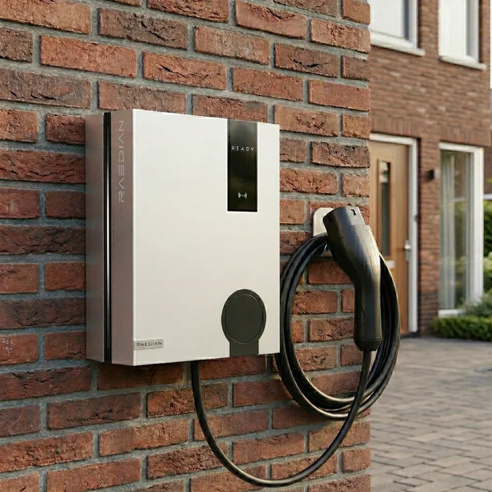 Raedian Neo 22kW EV charger installed on brick wall with coiled cable - buy Type 2 home charging station