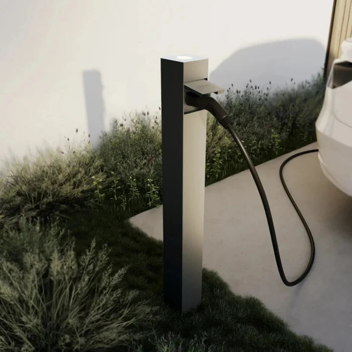 Smappee EV One 22kW pedestal charger with cable plugged into electric car - buy ground mount home EV charger