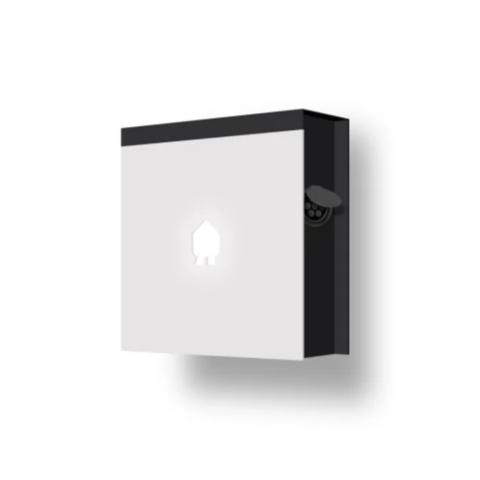 Smappee EV Wall 22kW 3-phase Type 2 EV charger angled 3D render with white front, illuminated house logo and black side profile with Type 2 socket