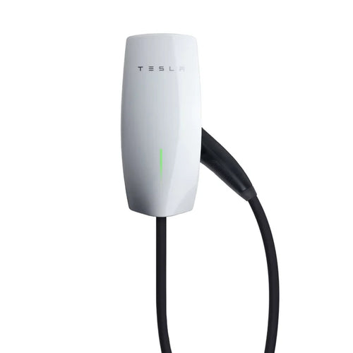 Tesla Wall Connector Gen 3 22kW Type 2 EV charger in white with TESLA logo, green status LED and straight tethered cable hanging