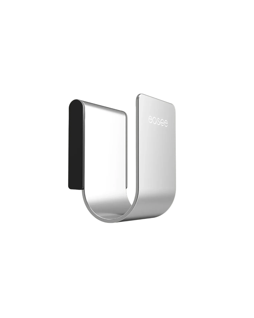 Single Easee U-Hook in chrome mirror finish, embossed easee logo on EV charging cable wall hook product shot