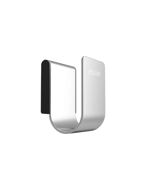 Single Easee U-Hook in chrome mirror finish, embossed easee logo on EV charging cable wall hook product shot