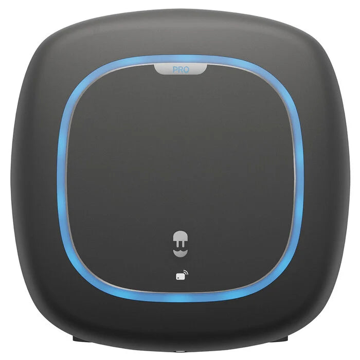 Wallbox Pulsar Pro 22kW Type 2 EV charger front view in dark grey with blue LED ring around central touchpad, PRO badge and connector icons