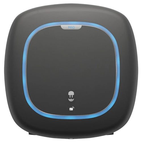 Wallbox Pulsar Pro 22kW Type 2 EV charger front view in dark grey with blue LED ring around central touchpad, PRO badge and connector icons