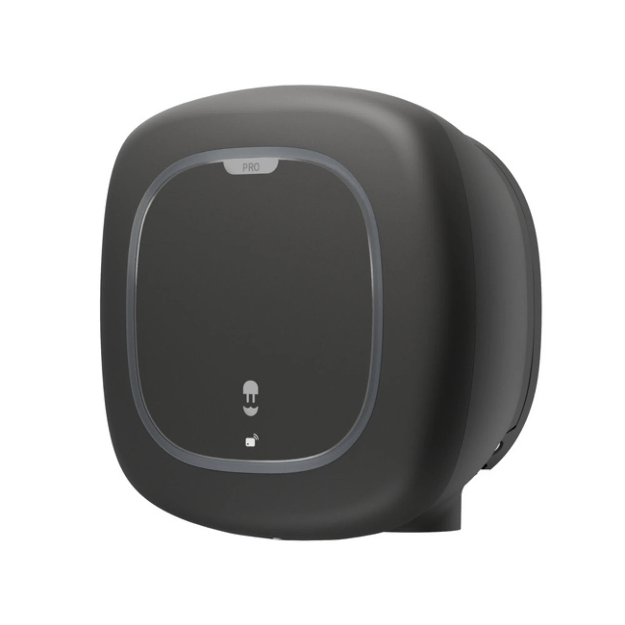 Wallbox Pulsar Pro 22kW EV charger three-quarter view in matte black showing rounded square body, PRO label and side ventilation