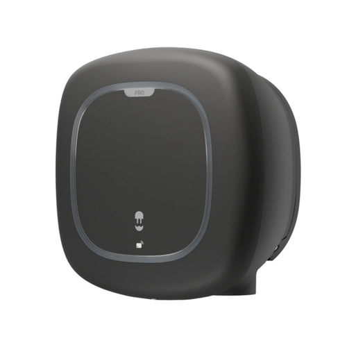 Wallbox Pulsar Pro 22kW EV charger three-quarter view in matte black showing rounded square body, PRO label and side ventilation