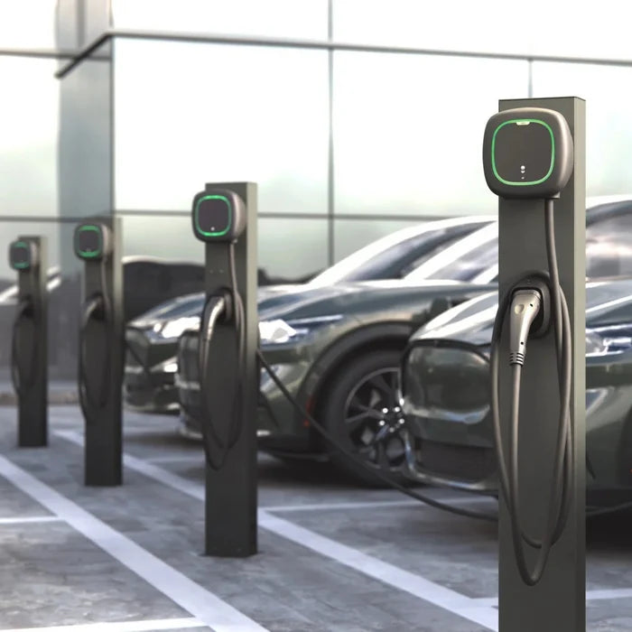 Wallbox Pulsar Pro EV chargers installed in a car park charging electric vehicles - buy commercial home EV charger