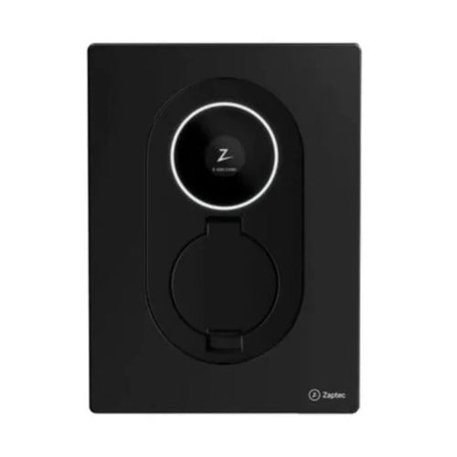Zaptec Go 2 22kW 3-phase Type 2 EV charger front view in glossy black with circular Z logo, socket cover and Zaptec wordmark